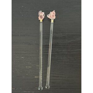 VTG Taiwan Glass Stir Swizzle Sticks Satin Pink Elephant Topper Barware Cocktail